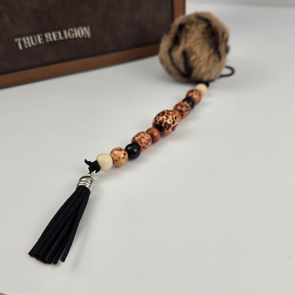 Leopard Faux Fur Pom Pom Beaded Tassel Bag Charm Keychain
